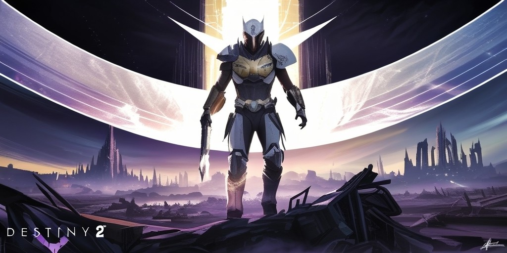 A vibrant, futuristic digital artwork depicting a dramatic scene from the popular video game Destiny 2, featuring a heroic Guardian, likely a Titan or Warlock, standing tall amidst a devastated, apocalyptic landscape, with a grand, celestial cityscape looming in the background, illuminated by an intense, radiant light, set against a dark, ominous sky, with subtle hints of purple, blue, and gold hues, and a bold, graphic novel-inspired illustration style, incorporating subtle textures and intricate details, with the Guardian's armor and weaponry rendered in high detail, showcasing a strong sense of power and determination, with a subtle, mysterious glow emanating from their hands, symbolizing their connection to the Light.