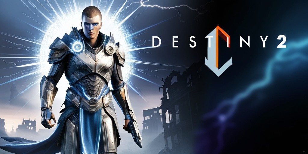 A vibrant, action-packed digital illustration of the Destiny 2 game world, featuring a heroic Guardian warrior standing proudly in the center, clad in intricately detailed armor with a mix of metallic silver and blue hues, surrounded by a mystical aura of soft, pulsing light. In the background, a blurred, war-torn cityscape with crumbling buildings and a dark, ominous sky with flashes of lightning, showcasing the epic battle between light and darkness. The Guardian's face is determined, with angular facial features, piercing blue eyes, and a strong jawline, exuding confidence and strength. In the corner of the image, the Destiny 2 logo is emblazoned in bold, silver font with a hint of orange, against a dark, gradient background that adds depth and contrast to the overall design. The entire image is bathed in a moody, cinematic lighting that evokes a sense of drama and intensity.