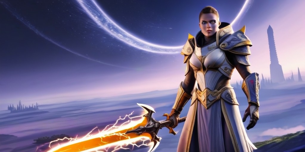 A majestic, sweeping vista of the Destiny 2 universe, set against a backdrop of deep blues and purples, evoking a sense of celestial wonder and adventure. In the foreground, a heroic Guardian, clad in ornate armor with gold accents, stands poised and ready, gazing out at the viewer with a determined expression, their face strong-jawed and resolute, with piercing blue eyes that seem to bore into the soul. The armor itself is adorned with intricate, mystical patterns that shimmer and glow with a soft, ethereal light. To the Guardian's side, a mighty sword crackles with energy, its blade a fiery orange that seems to pulse with power. In the distance, the faint outlines of towering structures and mysterious landscapes beckon, inviting the viewer to explore the vast, sprawling world of Destiny 2.