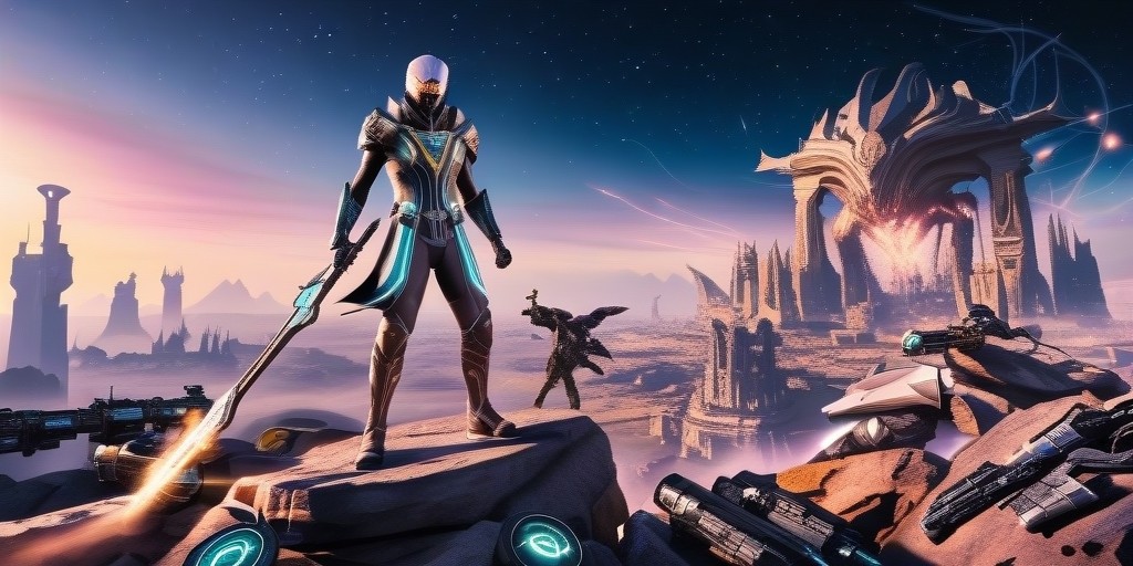 A dramatic, high-energy illustration of a fantastical futuristic scene from the popular video game Destiny 2, set against a vibrant, starry night sky with a subtle nebulae-inspired gradient, showcasing a heroic Guardian, clad in a sleek, ornate armor set with glowing accents, standing triumphantly atop a rocky outcropping, overlooking a sprawling, ancient alien cityscape with towering structures and mysterious, pulsing energy signatures, surrounded by an arsenal of advanced, high-tech weaponry, with a subtle, wispy aura of light emanating from the Guardian's staff, capturing the essence of adventure, exploration, and epic combat in a richly detailed, cinematic style with bold lines, dynamic color palette, and intricate textures.