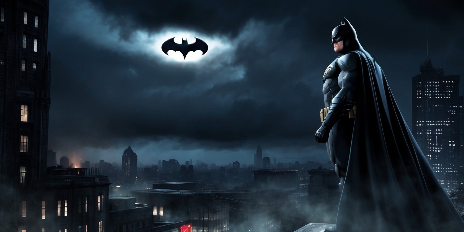 A dark and gritty Gotham Cityscape at dusk, with the iconic Bat-Signal shining bright in the sky, illuminating the dark clouds and buildings below, as a lone figure of Batman stands atop a Gotham City skyscraper, clad in his sleek black Batsuit, cape flowing behind him, with his sharp facial features and piercing eyes gazing out into the night, his muscular physique evident even in the shadows, with a hint of the Batcave's dim lighting in the background, and the city's neon lights reflecting off the wet pavement, creating a sense of foreboding and intensity, with a subtle mist of fog lingering in the air, capturing the essence of the Caped Crusader's unwavering determination to protect his city from the forces of evil.