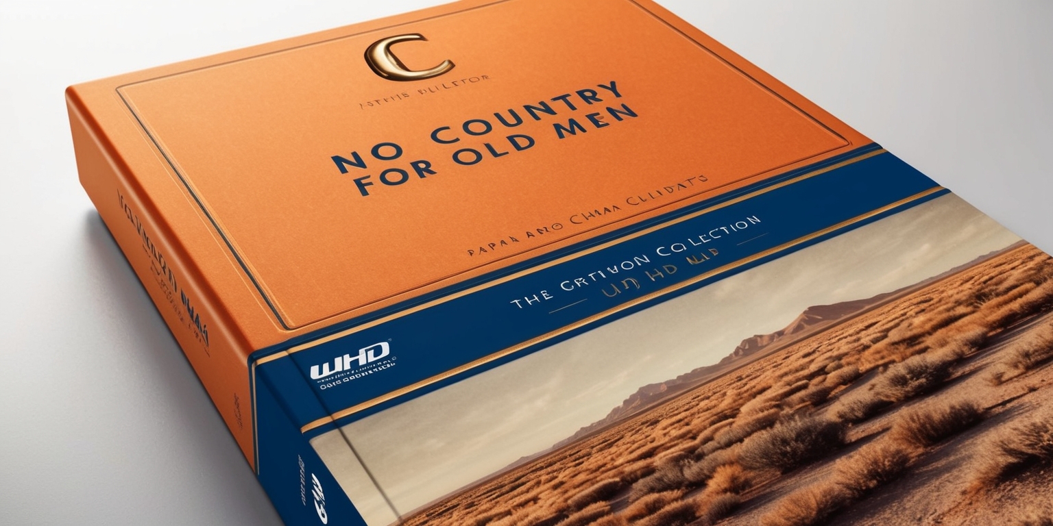 A close-up shot of the No Country for Old Men: The Criterion Collection Ultra HD Blu-ray release, showcasing the sleek, modern Blu-ray case with a matte finish, adorned with vibrant, earthy tones of orange, beige, and brown, evoking the desolate Texas landscape. The Criterion Collection logo, a stylized letter C in a golden color, sits prominently at the top, surrounded by a subtle border. The title No Country for Old Men is emblazoned in bold, sans-serif font, with the tagline There Are No Clean Getaways written in smaller text below. The Ultra HD Blu-ray logo, a stylized UHD in blue and silver, is displayed on the top-right corner, indicating the high-definition quality of the release. The spine of the case features the film's title and Criterion Collection logo, both in the same golden color, creating a sense of continuity and sophistication. The entire image is bathed in soft, natural lighting, accentuating the textures of the case and creating a sense of premium quality.