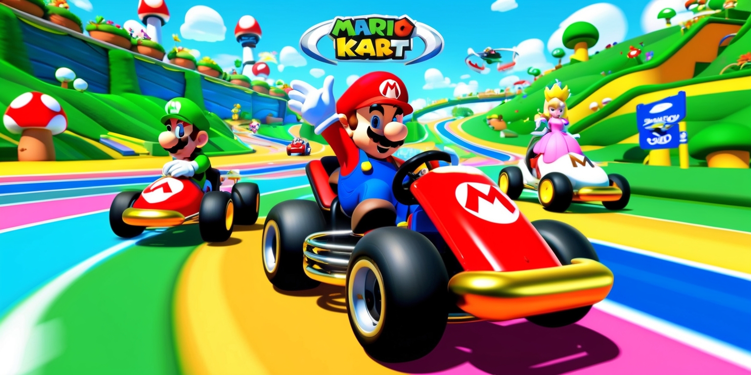 A vibrant and action-packed illustration of Mario Kart World, featuring Mario and his friends racing on a colorful track, surrounded by lush green hills, mushrooms, and pipes, with a bright blue sky above, set against a warm and sunny atmosphere, with bold lines, exaggerated characters, and dynamic motion blur, reminiscent of a Nintendo game, with Mario's iconic red hat and blue overalls standing out, alongside Luigi's green and yellow, Princess Peach's pink, and Toad's white and red outfits, with the Mario Kart logo emblazoned on a shiny golden trophy in the foreground, complete with sponsor logos and banners waving in the wind.