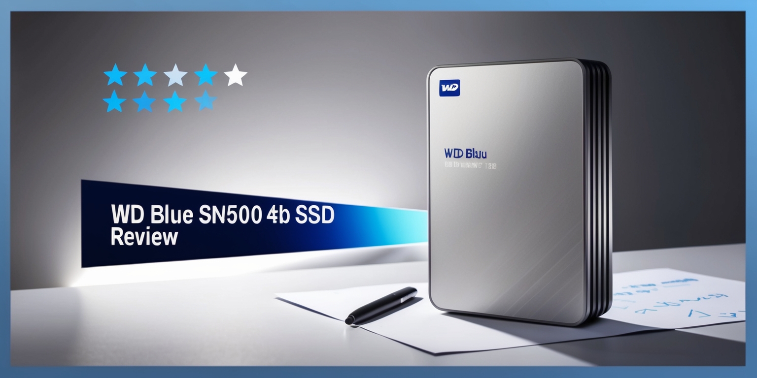 A modern, high-tech background with a subtle gradient of blues and whites, evoking a sense of innovation and speed, featuring a WD Blue SN5000 4TB SSD placed centrally, with its sleek, compact design and stainless steel casing, illuminated by a soft, white light, casting a slight shadow, highlighting its texture and contours, alongside a minimalist, clean layout with a few strategically placed, neatly written notes and a pen, hinting at a review or testing process, with a bold, sans-serif font header WD Blue SN5000 4TB SSD Review in a metallic blue color, aligned to the top-left, and a subtle, gradient-filled rating system, with five stars, above the text, with three stars filled in a bright, electric blue, indicating a positive review, set against a subtle, dark gray background that adds depth and sophistication to the overall composition.