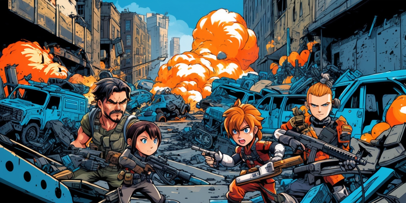 A vibrant, stylized illustration of a scene from Metal Slug Tactics, a turn-based tactics game, set against a gritty, explosion-filled urban warfare backdrop, with a mix of realistic and cartoonish elements, showcasing the game's signature blend of action and humor, featuring a diverse cast of characters, including Marco Rossi, Tarma Roving, and Eri Kasamoto, with detailed facial features, distinctive hairstyles, and unique attire, amidst a chaotic battlefield littered with destroyed vehicles, rubble, and debris, with a bold color palette, heavy on blues, grays, and oranges, and accents of bright, neon-like hues, highlighting the game's over-the-top gameplay and edgy, comic book-inspired aesthetic.