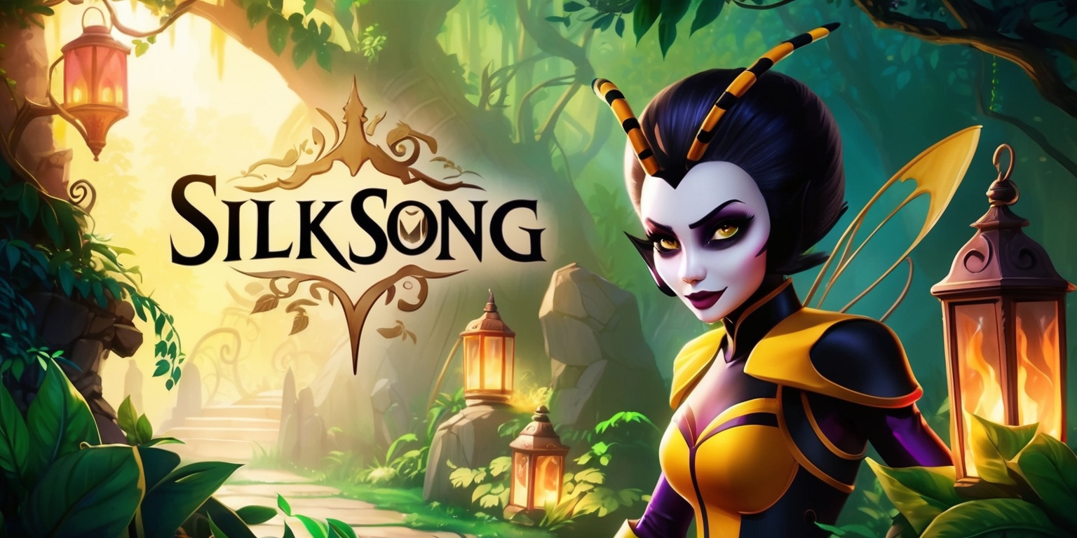 A beautifully illustrated scene from the Silksong game, set in a vibrant, fantastical world with intricate details, showcasing the game's protagonist, Hornet, with her striking facial features, pale skin, and unique hairstyle, wearing her distinctive costume, surrounded by lush greenery, and eerie lanterns, with a warm, golden light casting a glow on the environment, and a sense of adventure and mystery in the air, with the Silksong logo subtly integrated into the design, in a stunning, hand-drawn style, with bold lines, and captivating colors, inviting the viewer to step into the enchanting world of Silksong.