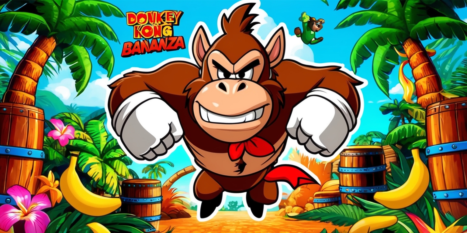 A vibrant and energetic illustration of the Donkey Kong Bananza game, featuring Donkey Kong as the main character, with a fierce expression and sharp facial features, brown fur, and a red tie, set against a colorful jungle backdrop with lush green trees, exotic flowers, and a bright blue sky, with arcade-style graphics and bold lines, and incorporating elements of the game such as barrels, bananas, and Kremlings, with a dynamic composition and lively atmosphere, and a mix of warm and cool colors to convey excitement and adventure.