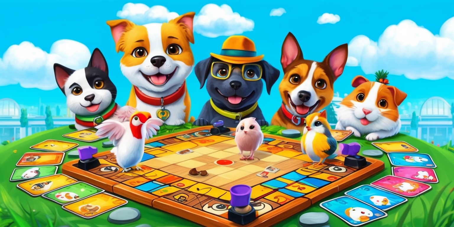 A colorful, whimsical illustration of a popular mobile game-inspired scene, featuring beloved pets as main characters, set against a bright blue sky with fluffy white clouds. In the center, a group of pets, including a cat, dog, bird, and hamster, are gathered around a wooden game board, surrounded by game pieces, cards, and other gaming elements. The pets are anthropomorphized, with expressive facial features, varied skin tones, and unique accessories, such as hats, glasses, and collars. The game board and pieces are adorned with vibrant colors, bold lines, and playful textures, evoking a sense of fun and adventure. In the background, subtle hints of cityscapes or park settings add depth to the scene. The overall style is reminiscent of a fantastical, dreamlike world, blending digital and traditional media.