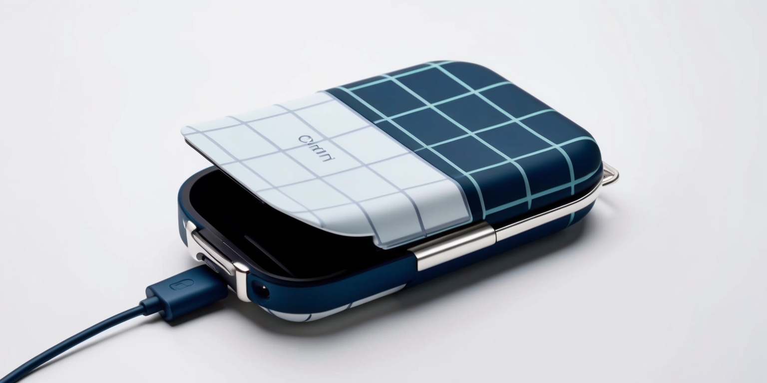 A sleek handheld console charging case accessory with a durable plastic exterior and a soft interior lining to protect the device, featuring a compact design with a flip-open top and a built-in charging cable, the case is adorned with a subtle grid pattern and has a matte finish, the color scheme is a combination of deep blues and whites, with silver accents on the hinges and a small logo on the front in a modern sans-serif font, the overall aesthetic is futuristic and minimalist, with clean lines and a focus on functionality, the case is positioned on a plain white background to emphasize its design and features.