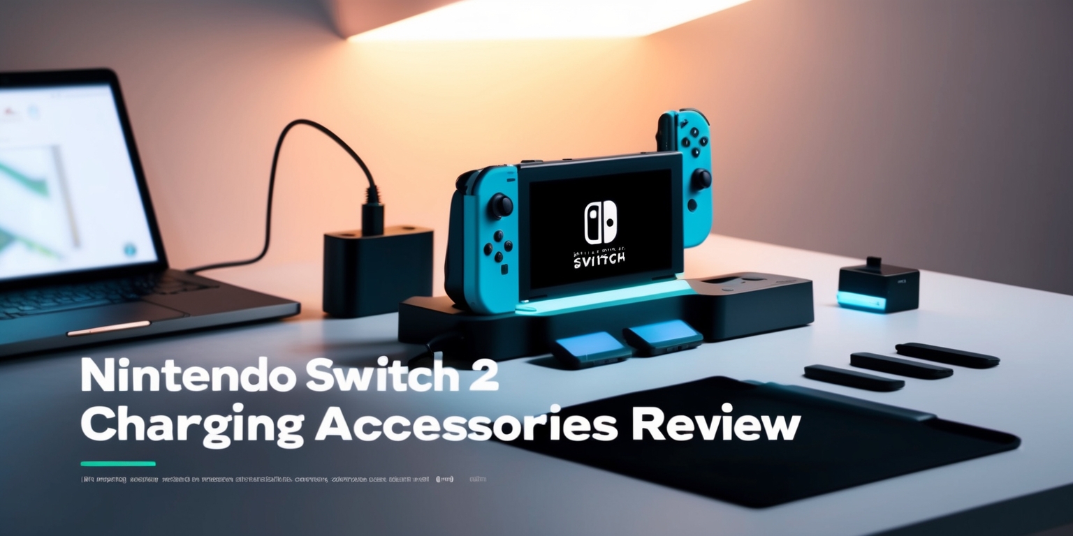 A modern, minimalist desk setup with a sleek Nintendo Switch 2 console placed centrally, surrounded by various charging accessories, including a power adapter, docking station, and extra controller charging dock, all neatly organized and illuminated by a soft, warm overhead light, with a blurred-out laptop or notebook in the background, open to a review article webpage with crisp, high-contrast text and headings, featuring a bold, eye-catching title Nintendo Switch 2 Charging Accessories Review in a clean, sans-serif font, with a subtle, gradient-blue accent color scheme, evoking a sense of cutting-edge technology and professional reviewing.