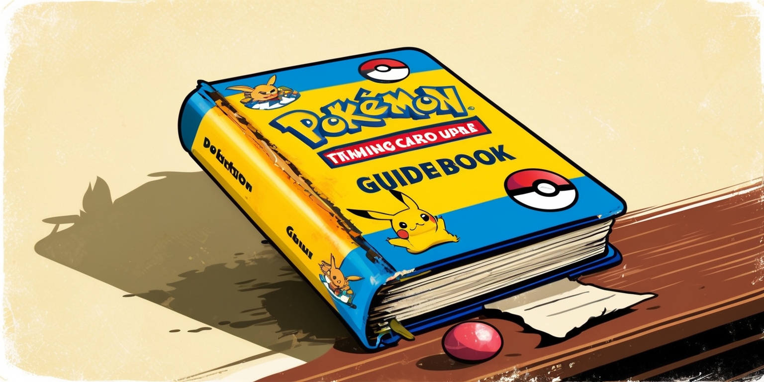 A colorful, retro-style illustration of a compact, worn-out guidebook with a bright yellow cover featuring the Pokémon Trading Card Game logo in bold, red, and blue letters, surrounded by various Pokémon characters and Trading Card Game symbols in vibrant colors, such as Pikachu, Charizard, and Poké Balls, against a soft, cream-colored background, with a slight texture resembling a well-used booklet, and a few dog-eared pages peeking out, as if the guide has been frequently consulted, with a faint shadow suggesting it's lying on a wooden desk or a worn-out table, inviting the viewer to pick it up and dive into the world of Pokémon.