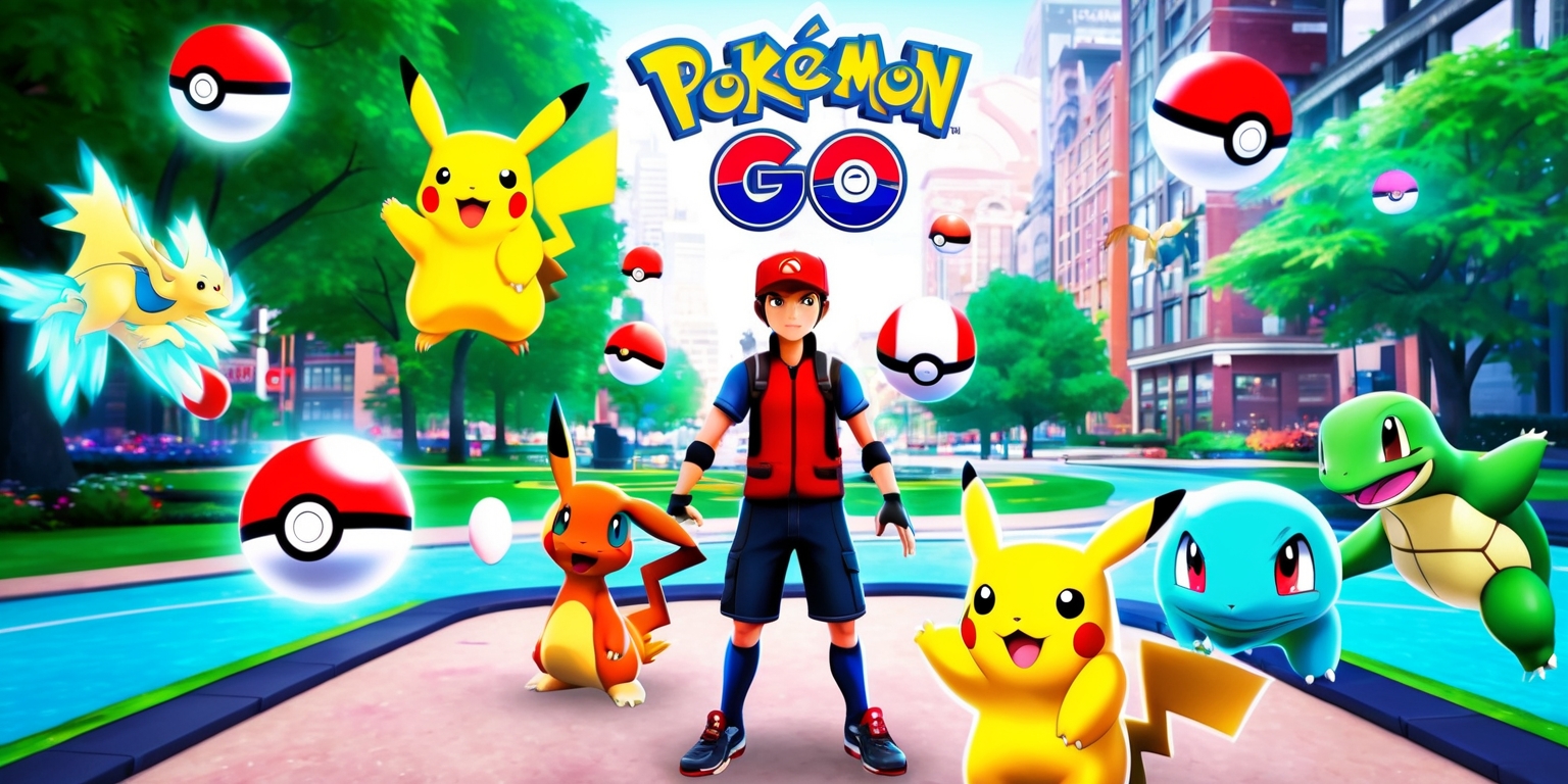A vibrant and colorful illustration of the popular mobile game Pokémon Go, featuring a mix of digital and real-world elements, with a Pokémon trainer standing in the center, surrounded by floating Poké Balls and various Pokémon, such as Pikachu, Charizard, and Squirtle, in a cityscape or park environment with lush greenery and urban buildings, incorporating the game's iconic logo and UI elements, like the virtual map and Pokémon icons, with a soft, dynamic lighting effect and subtle textures, evoking a sense of excitement and adventure.