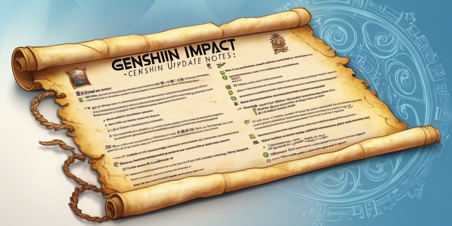 A digital illustration depicting a fictional parchment scroll with yellowed edges and ornate golden decorations, unrolled to reveal a complex layout of text and icons in a fantasy-inspired font, showcasing the Genshin Impact 5.4 update notes, with bold headings and concise bullet points detailing new characters, quests, and gameplay mechanics, set against a soft, gradient blue background that evokes a sense of mysticism and adventure, with the game's logo prominently displayed at the top in a stylized, curved line, featuring the title Genshin Impact in white, with the version number 5.4 written in smaller text below, all surrounded by intricate, swirling patterns reminiscent of ancient mythological artifacts.