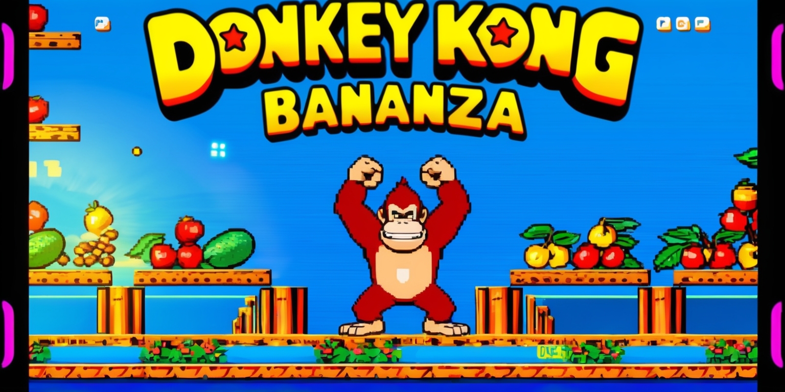 A colorful and vibrant digital illustration of Donkey Kong Bananza, a classic arcade game, set against a bright blue background with bold, rounded fonts and neon accents, featuring the iconic giant ape Donkey Kong himself standing triumphantly in the center, surrounded by various fruit and obstacles from the game, with a hint of warm, sunny lighting and subtle pixelation to evoke a nostalgic feel, complete with detailed textures and subtle animations to bring the scene to life, with the game's logo in bold, curved letters emblazoned across the top of the image in a bright, poppy red color.