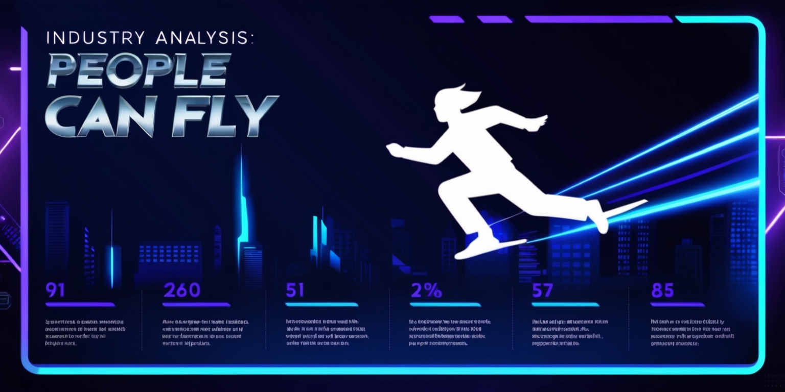 A futuristic business infographic featuring a stylized depiction of a person soaring through the air, symbolizing the company People Can Fly, set against a dark blue background with neon-lit cityscape elements and subtle hints of tech-inspired patterns. The article title, Industry Analysis: People Can Fly, is emblazoned across the top in bold, metallic silver font with a futuristic sans-serif typeface, while smaller subtitles and key statistics are presented in a clean, modern sans-serif font. The color scheme is a blend of deep blues and purples, with accents of bright, electric blue. The overall design is sleek, high-tech, and dynamic, conveying a sense of innovation and forward-thinking.