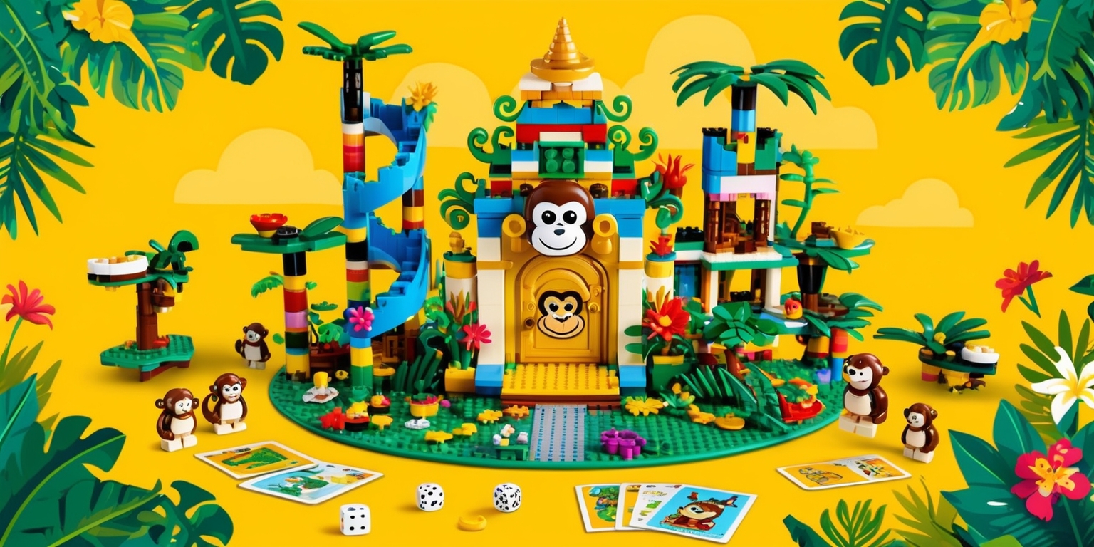 A vibrant, whimsical illustration of a Lego monkey palace board game, set against a warm, sunny yellow background, with a colorful, intricate Lego-built jungle temple at its center, complete with curved staircases, ornate archways, and a grand, golden door adorned with a Lego monkey face, surrounded by lush green foliage, exotic flowers, and tropical trees, with various Lego monkey figures of different sizes and poses scattered throughout, some playing musical instruments, others enjoying juicy fruit or lounging in hammocks, amidst a scattering of dice, game tokens, and rulebooks, with bold, playful typography and jungle-inspired graphics, and a sense of fun and adventure.