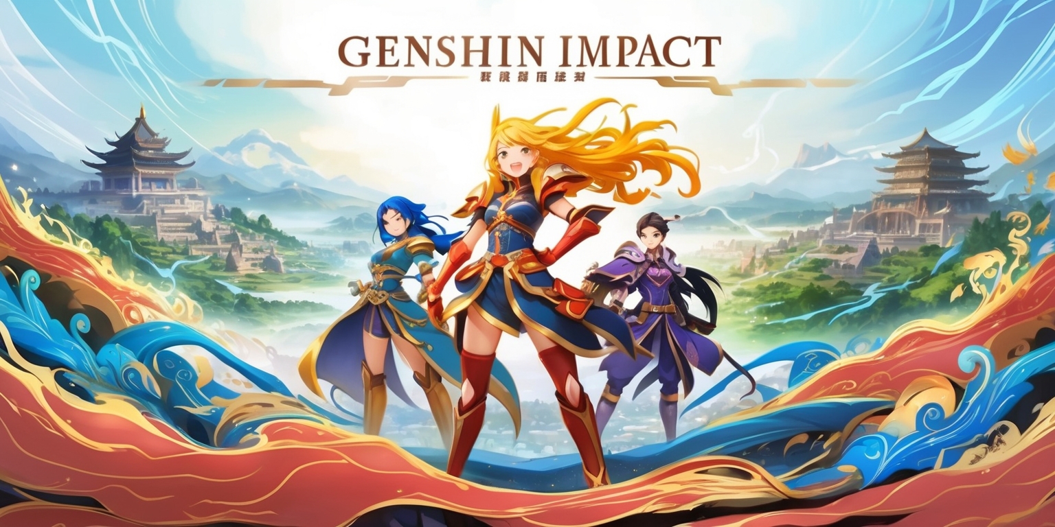 A vibrant, fantastical illustration depicting the world of Genshin Impact, with sprawling landscapes, majestic architecture, and intricate elemental details, set against a backdrop of soft, gradient blue skies and wispy clouds, evoking a sense of adventure and wonder, featuring iconic characters such as Amber, Kaeya, and Paimon, with Amber standing proudly in the foreground, her golden hair flowing in the wind, her eyes shining with determination, while Kaeya and Paimon pose confidently by her side, all clad in their signature outfits, with intricate armor details and flowing fabrics, surrounded by subtle, swirling elemental effects, such as wisps of wind, sparks of lightning, and bursts of water, blending traditional Chinese and Anime-inspired aesthetics with a touch of fantasy, in a stylized, dreamlike art style, with bold lines, vibrant colors, and delicate textures.